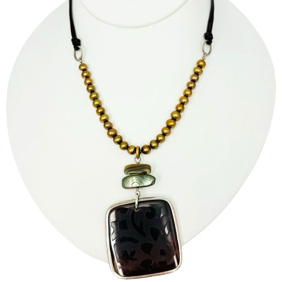 Silpada 925 Sterling Silver Gold Pearl Abalone Pendant Necklace 18" Leather - Picture 1 of 10